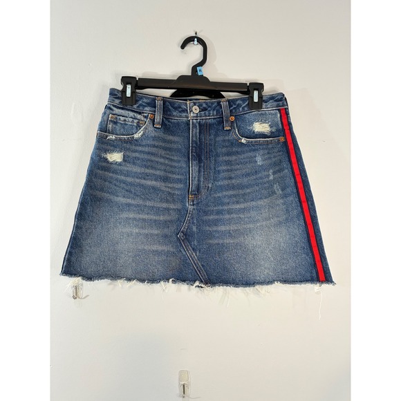 Abercrombie & Fitch Zoe Denim Mini Skirt Red Stripe Raw Hem ALine Casual SZ-28/6 - Picture 1 of 6
